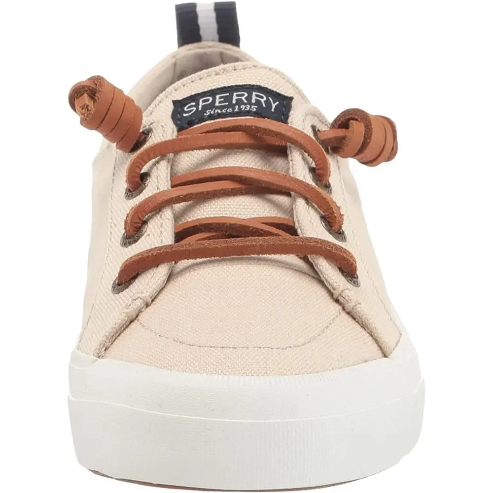 SPERRY Crest Vibe Oat Beige Linen Sneaker Cowhide Leather Laces ~ Women's Size 8